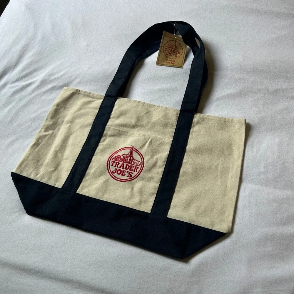Trader Joes Canvas Tote Bag Navy Blue Reusable Grocery Shopping Bag NWT